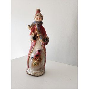 Christmas Winter Ceramic Snowman With A Cardinal Bird Glazed Shiny 8.5 In